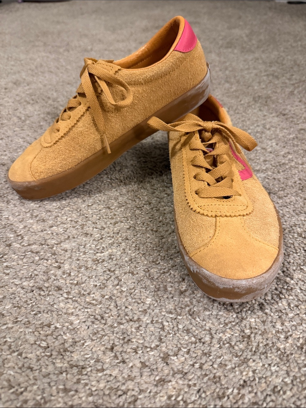 Vans Women's Mustard Suede Sneakers with Pink Heel Accent